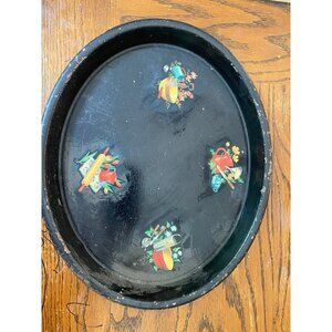 Vintage Black Metal Serving Tray with Kitchen Decals